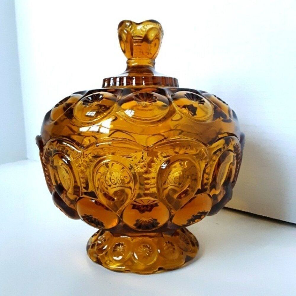 L. E. Smith Moons and Stars Vintage Amber Glass Candy Dish with Lid